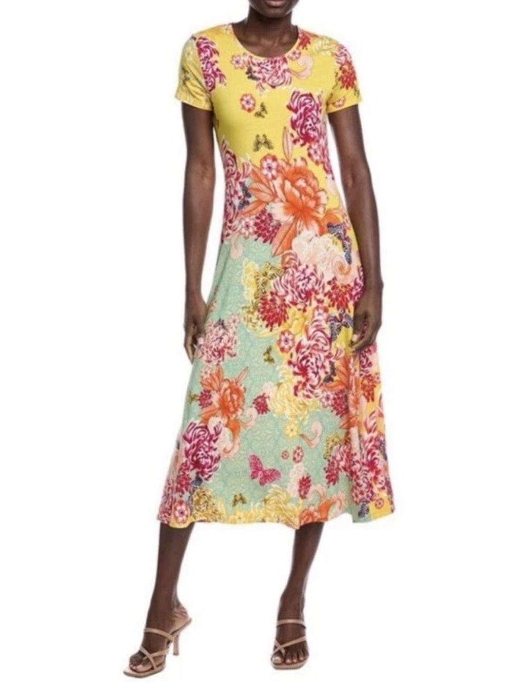 Johnny Was Large The Janie Favorite Cap Sleeve Midi Dress Charlie Floral Yellow
